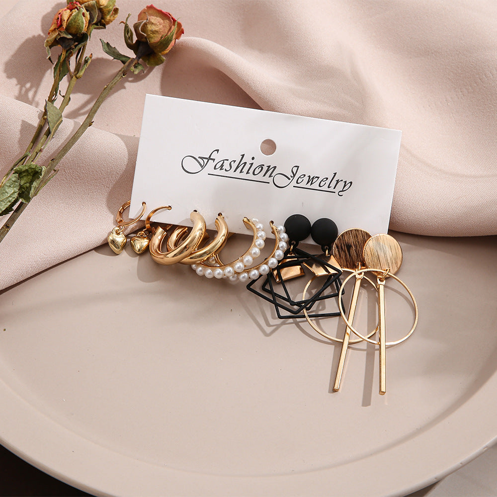 Geometric Alloy Pearl Earring Set