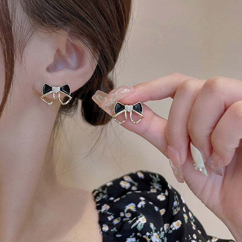 Black Diamond Pearl Bow Earrings fashion