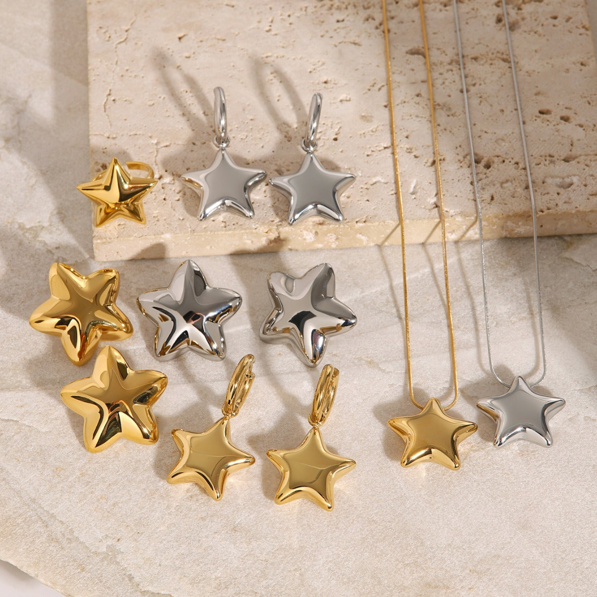 Collar Con Aretes Con Anillo De Estrella De Cinco Puntas Convexo Pulido 