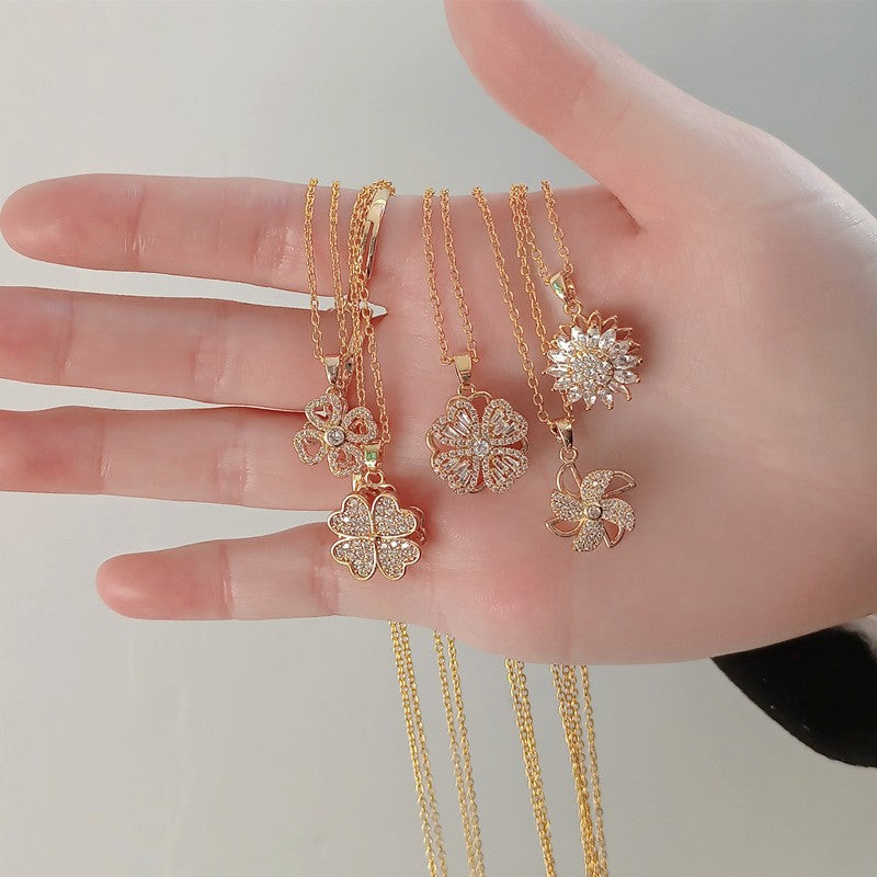 Rotating Windmill Sunflower Zircon Copper Pendant Necklace