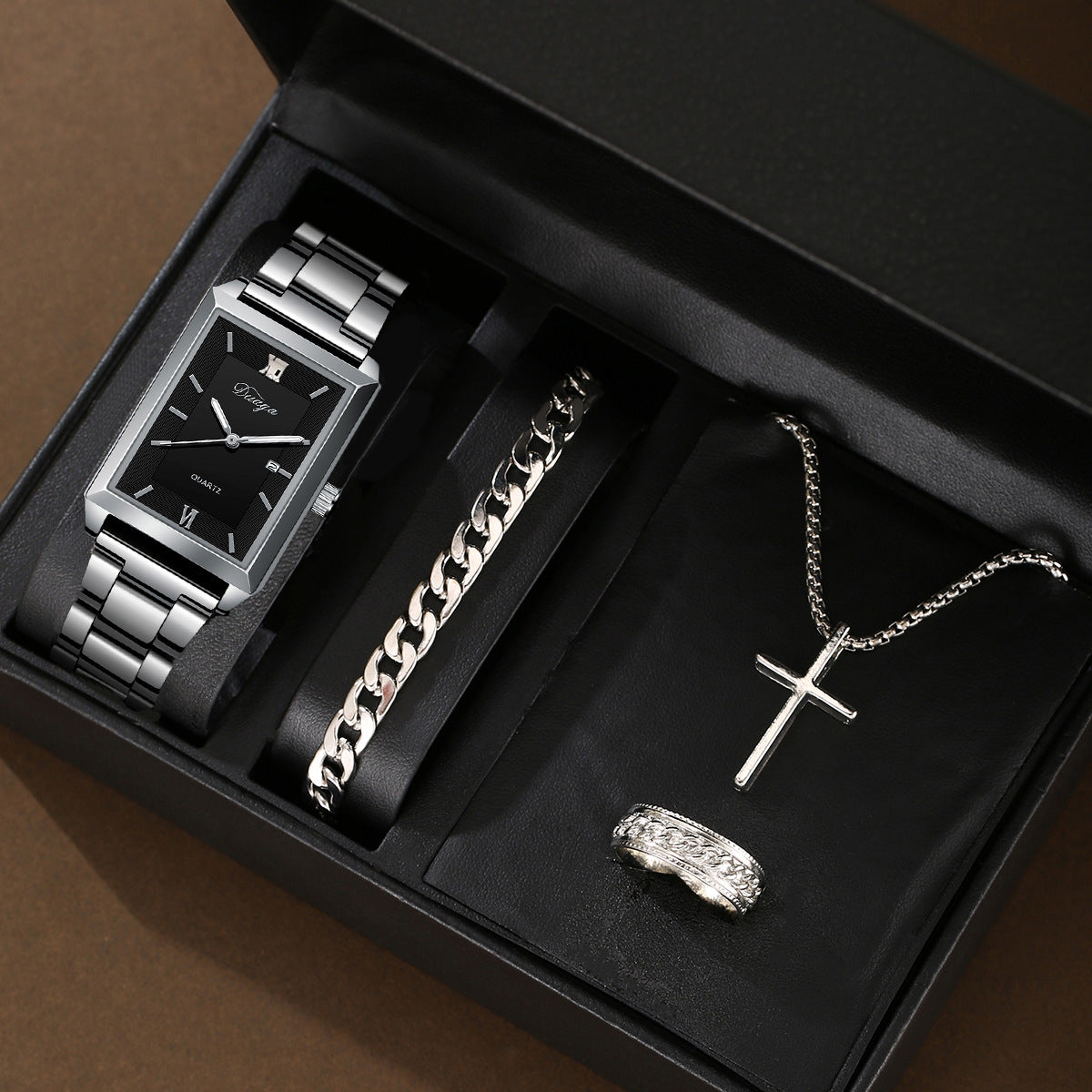 Square Quartz Watch Cross Jewelry Set