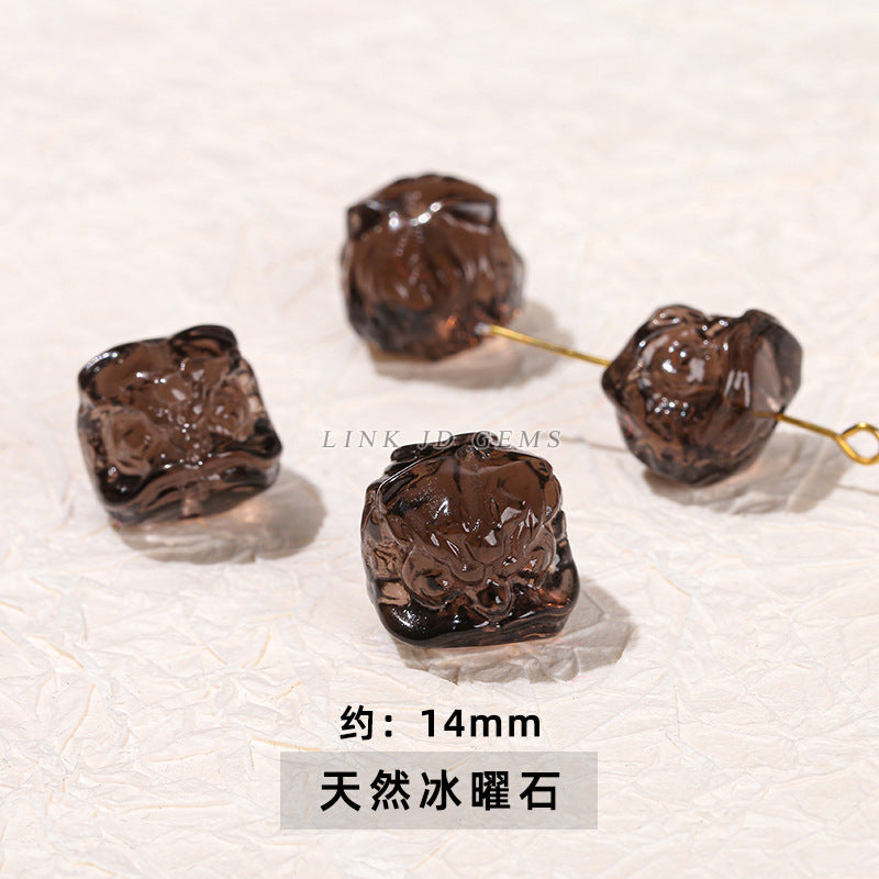 Cuentas sueltas con grabado de cabeza de león de obsidiana plateada y cristal 