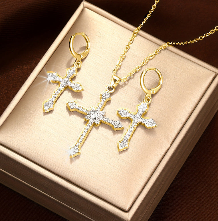 Rhinestone Cross Necklace & Earring Set