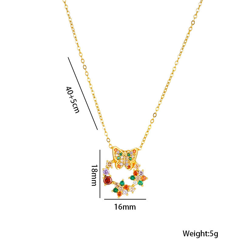 Chic Zircon Colorful Bow Donut Pendant New Titanium Steel Necklace