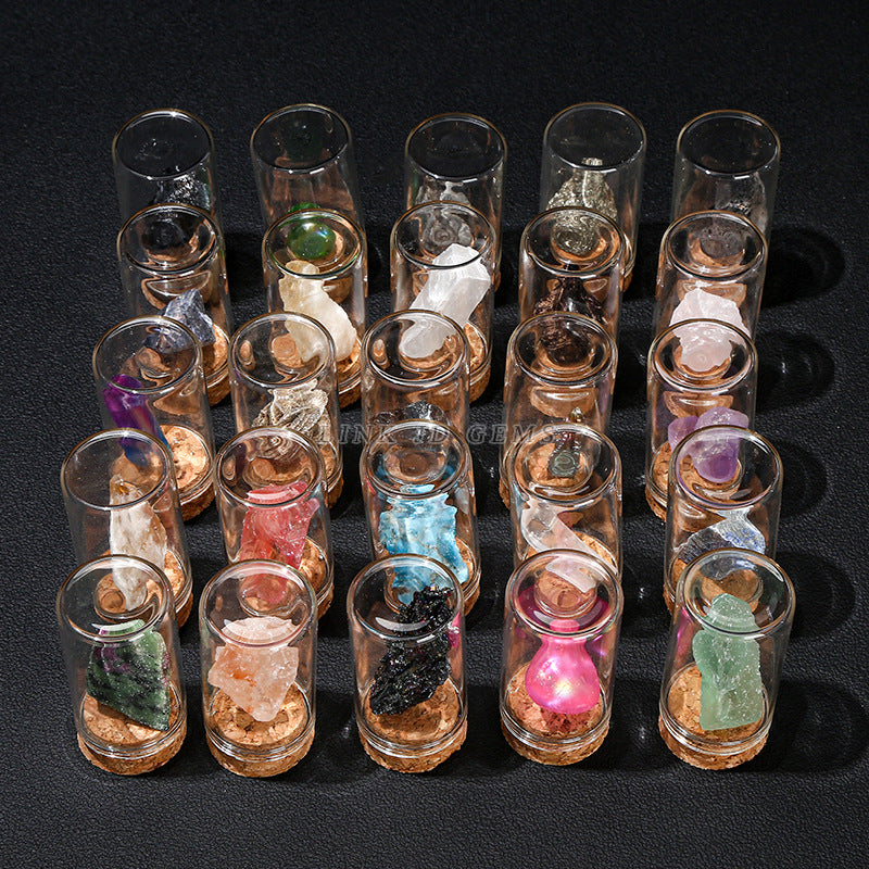 Botella de los deseos con muestra de mineral de roca de cristal 