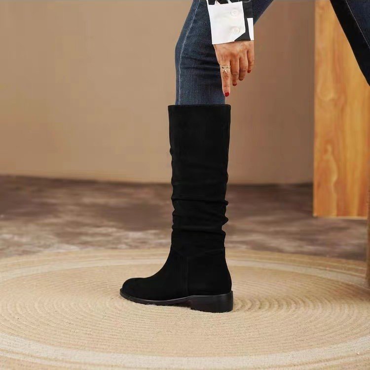 Thick-heeled pleated high boots