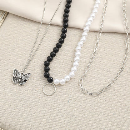 Butterfly Pendant Multi-layer Necklace Black and White Beads