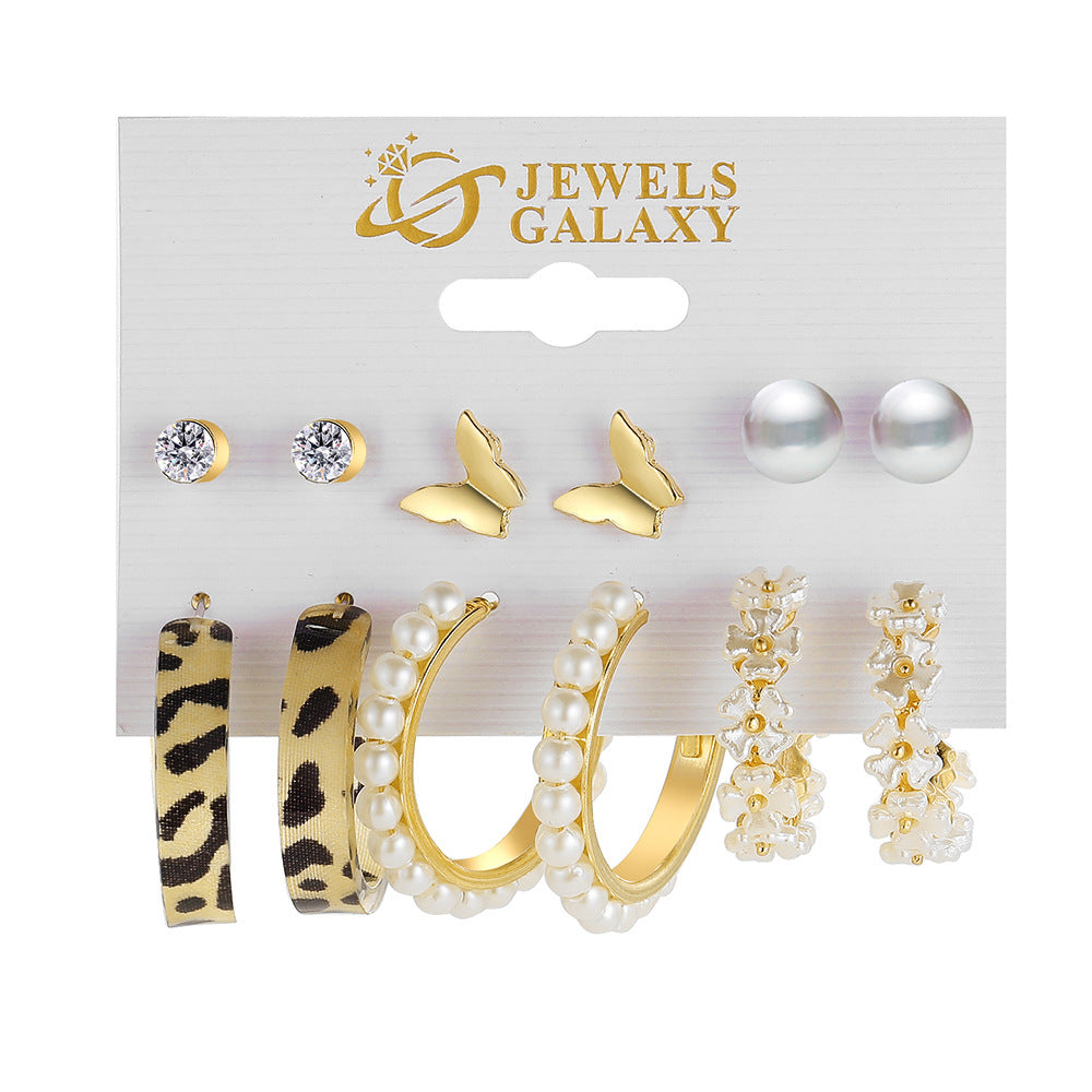 Retro Pearl & Leopard Print Earring Set (6-Piece)