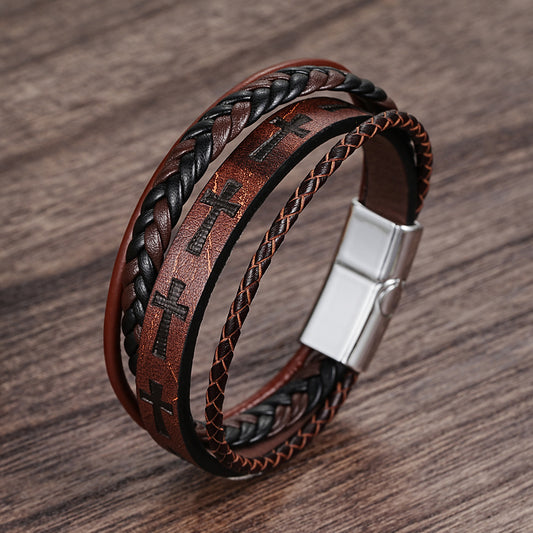 Personalized Magnetic Closure Brown Leather Bracelet for Men