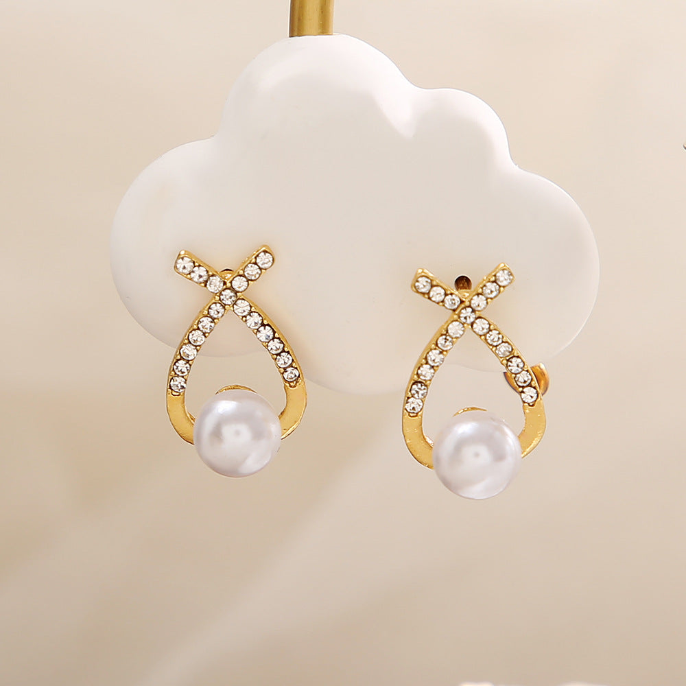 French Retro Pearl Cross Stud Earrings