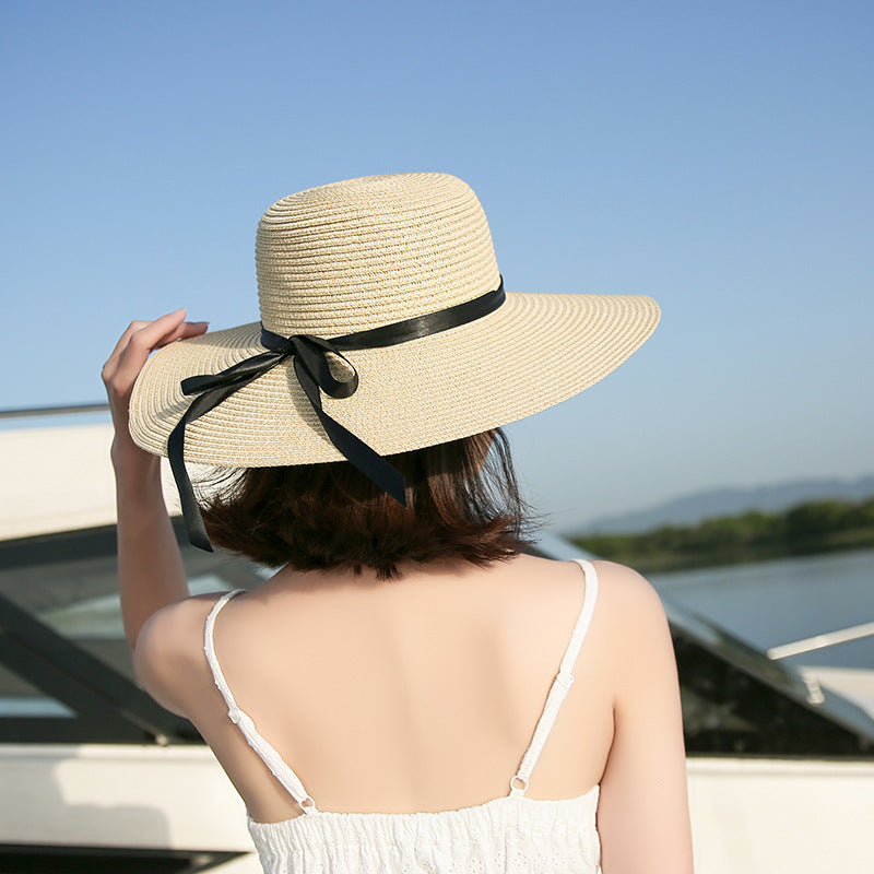 Beach Straw Hat Wide-Brim UV Protection Foldable with Bow