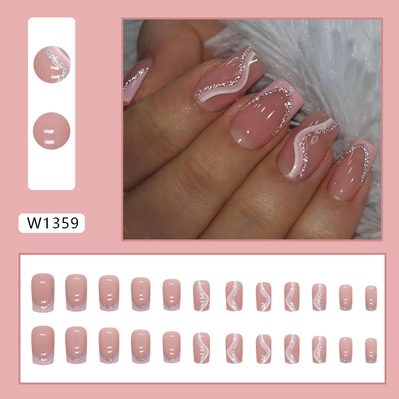 Uñas postizas cuadradas con rayas rosas y blancas 