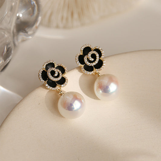Black Rose Flower Pearl Earrings
