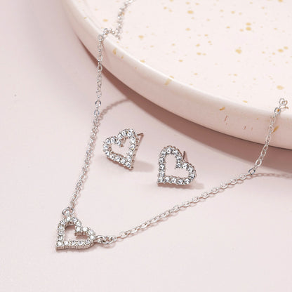 Full diamond heart necklace and earrings two-piece set