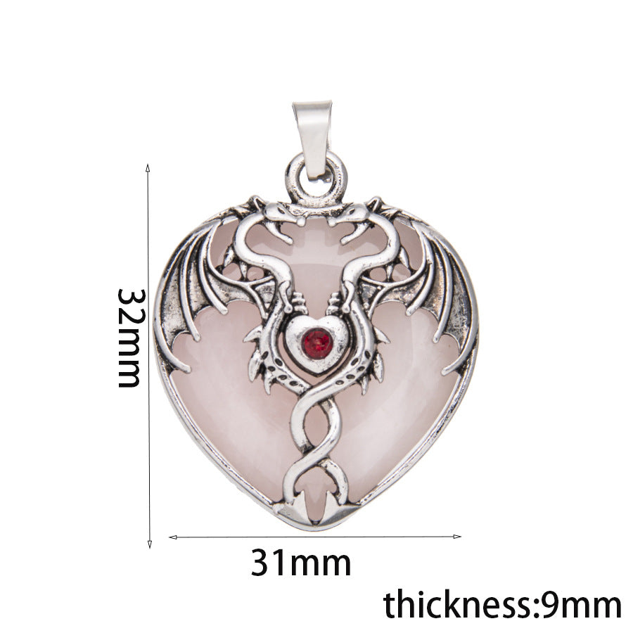Pingente de coração de gema envolto em dragão de asa dupla vintage de cristal 