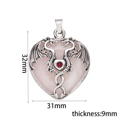 Pingente de coração de gema envolto em dragão de asa dupla vintage de cristal 