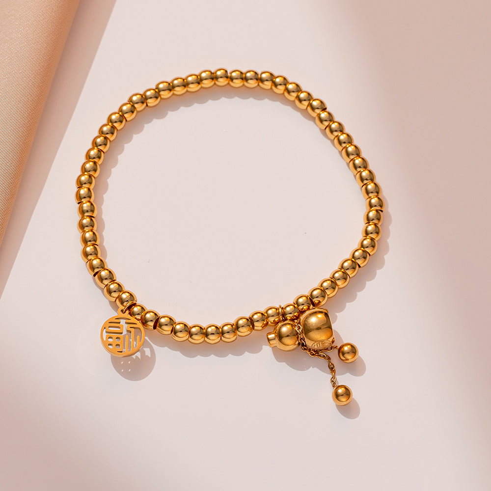 Pulseira de cabaça de aço de titânio para mulheres – conta elástica de ouro, amuleto da sorte, estilo coreano moderno 