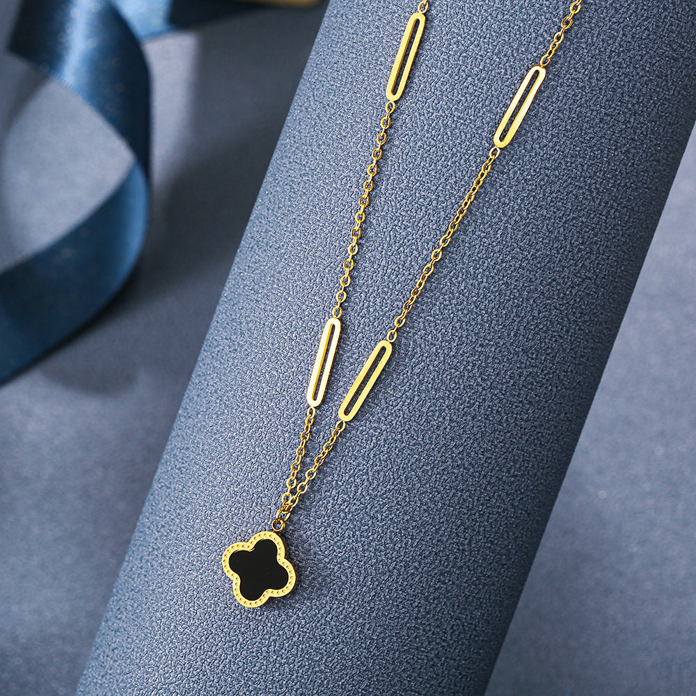 Women's 18K Rose Gold-Plated Titanium Steel Four-Leaf Clover Collarbone Necklace