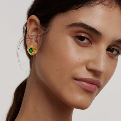 Square button colored zircon earrings