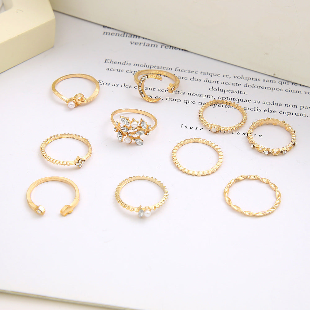 Star Moon & Leaf 10-Piece Ring Set