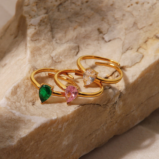 Anillo con circonitas en forma de gota blanca/verde/rosa 