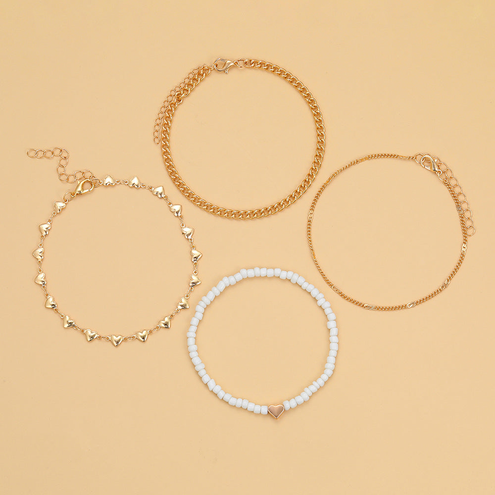 Multi-Layer Heart & Bead Anklet Set