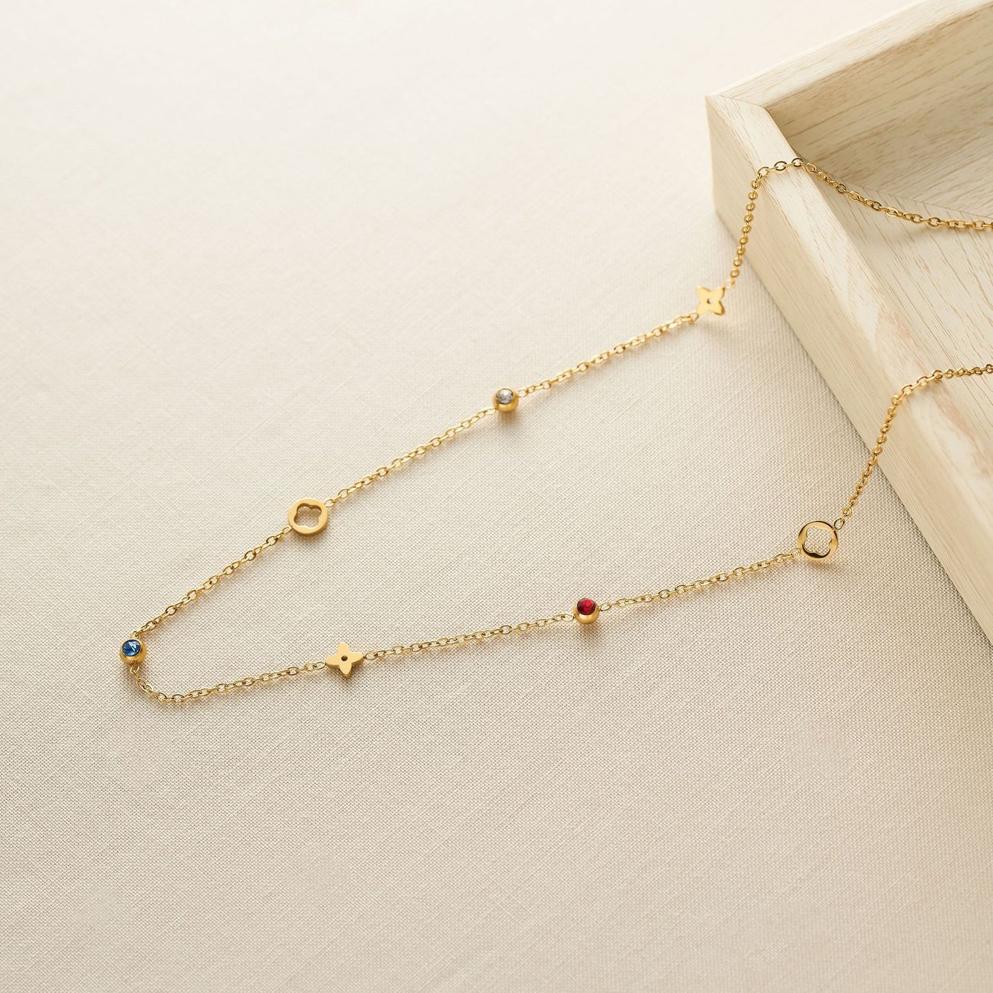 Women's 18K Gold-Plated Titanium Steel Four-Leaf Flower Necklace with Colored Stones