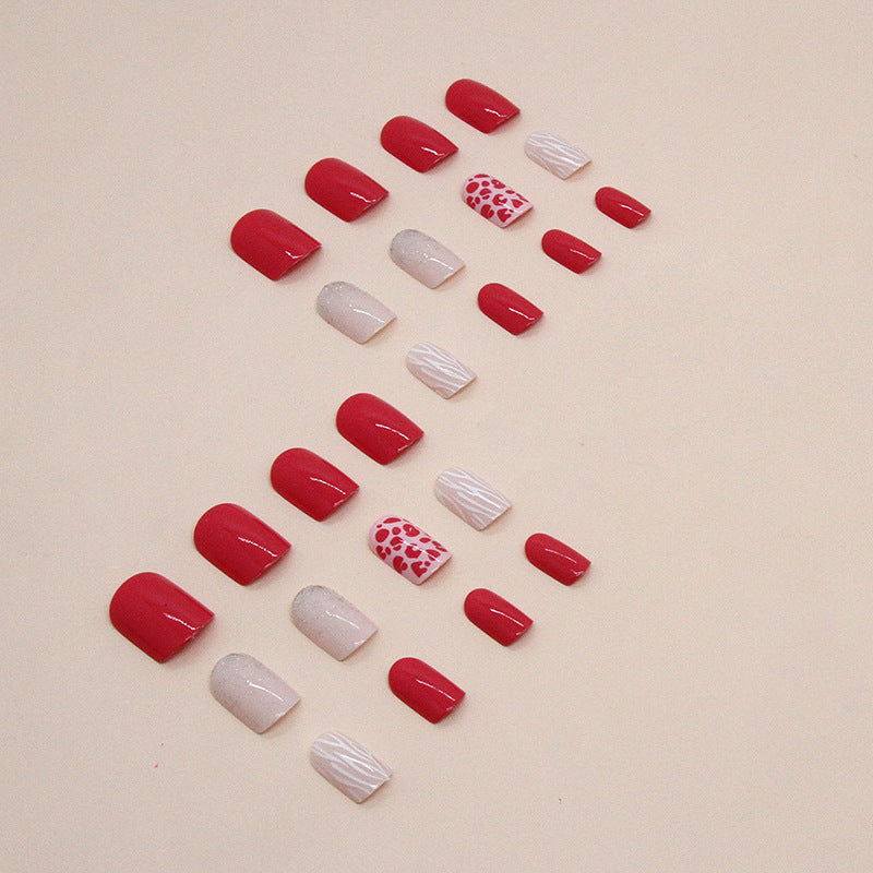 Short Red Square Leopard Print Gold Glitter Fake Nails
