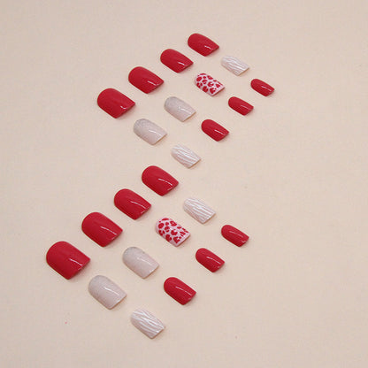 Short Red Square Leopard Print Gold Glitter Fake Nails