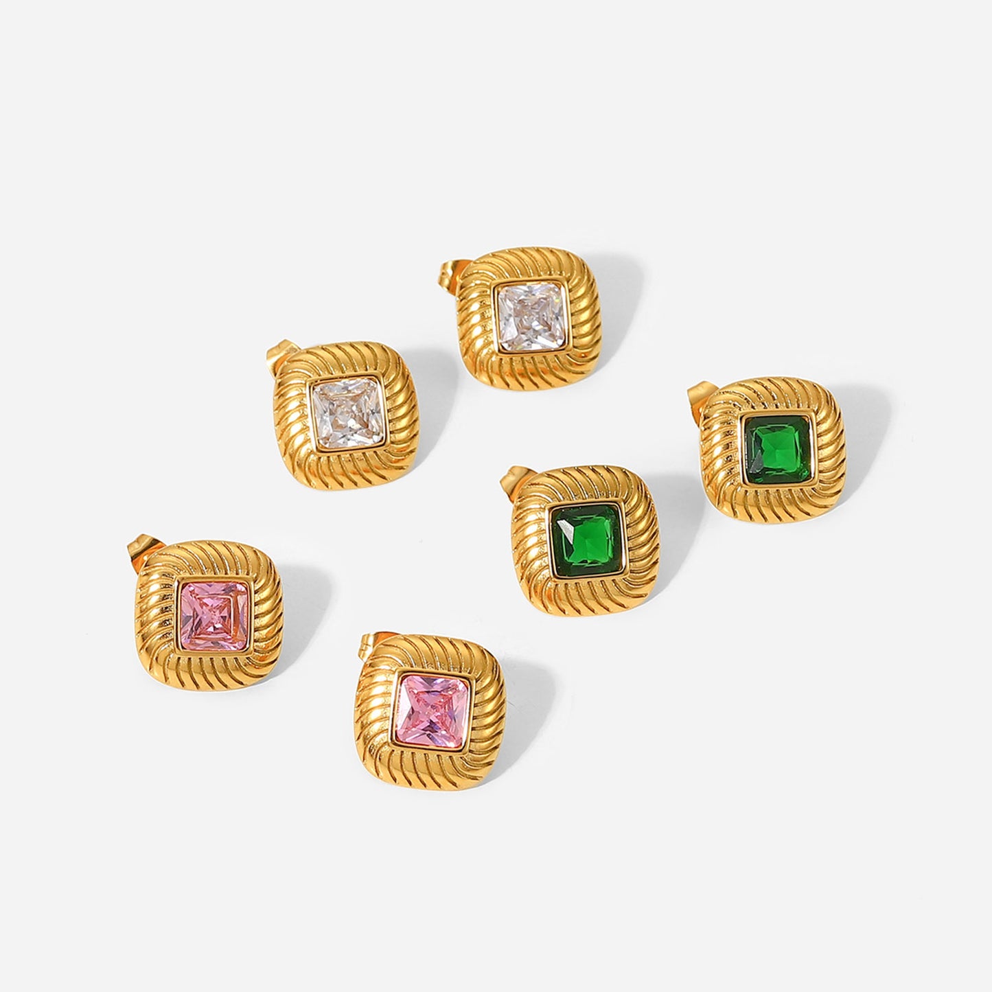 Square button colored zircon earrings