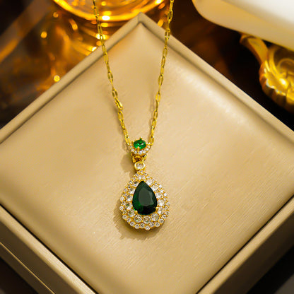 Elegante collar con gota de circonita verde, acero de titanio antidecoloración 