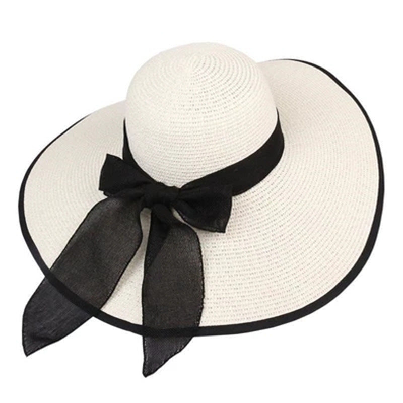 Beach Straw Hat Wide-Brim UV Protection Foldable with Bow