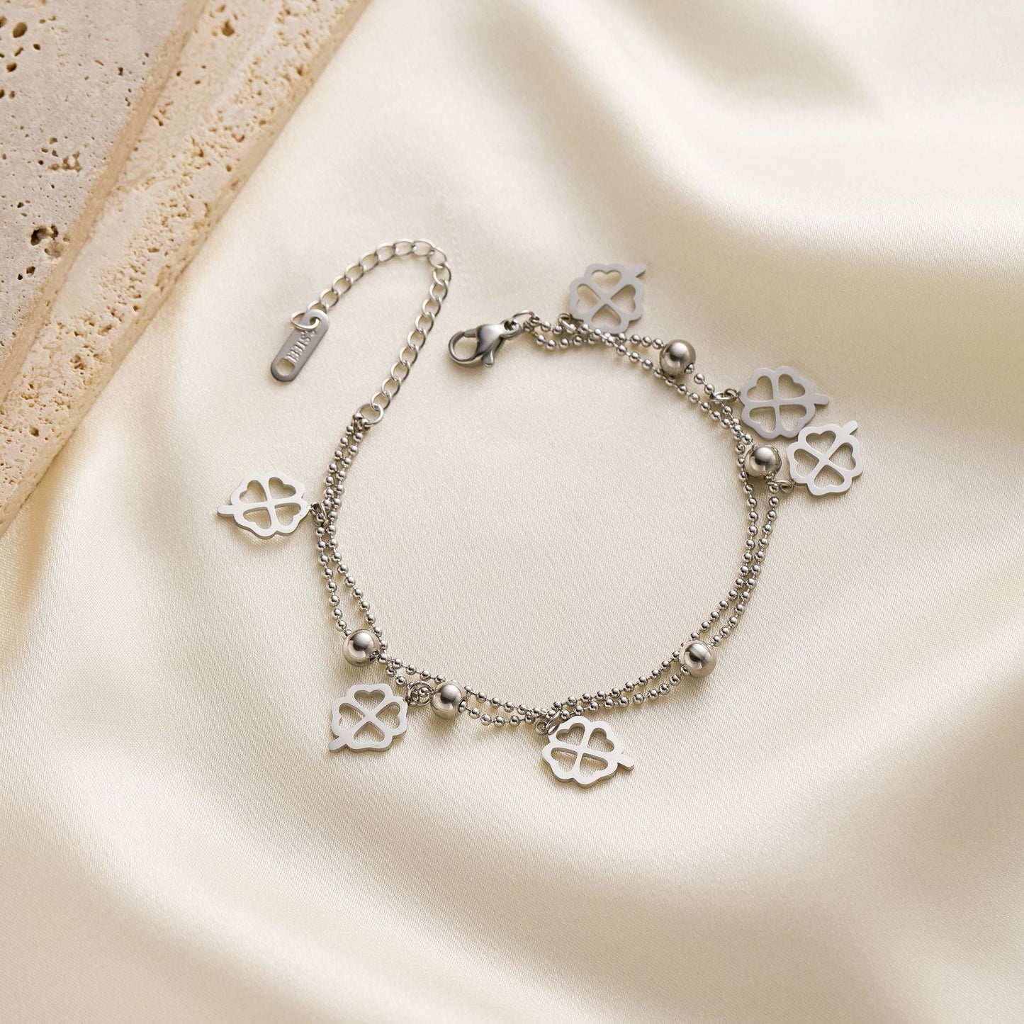 Korean Titanium Steel Double-Layer Hollow "Lucky Grass" Rice-Bead Bracelet — Waterproof