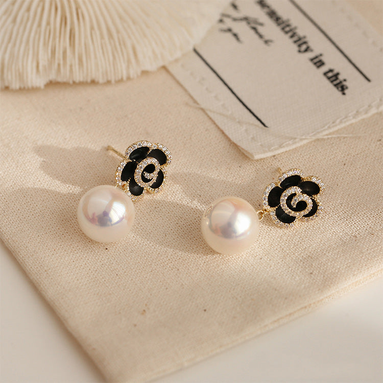 Black Rose Flower Pearl Earrings