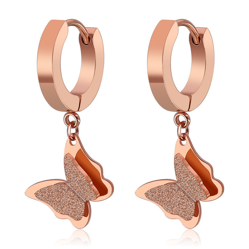 18K Rose Gold Titanium Steel Frosted Butterfly Earrings — Korean Cute Versatile