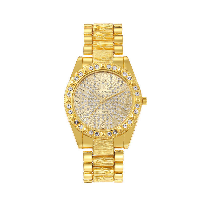 Diamond-Embedded Engraved Quartz Watch Unisex