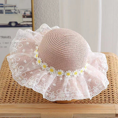 Sombrero de paja con encaje de margaritas para niños, fino y con protección UV
