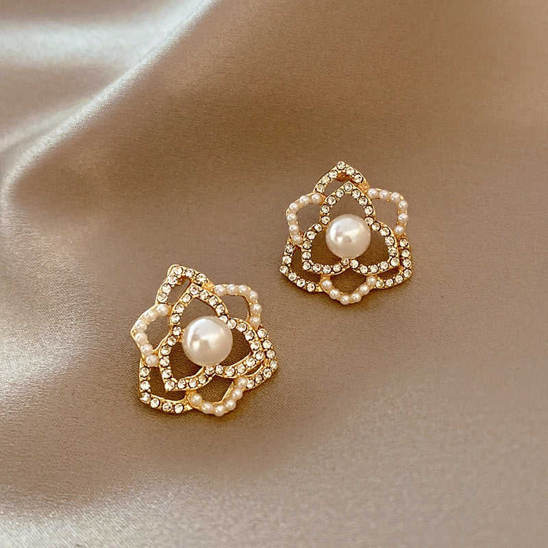 French pearl camellia stud earrings