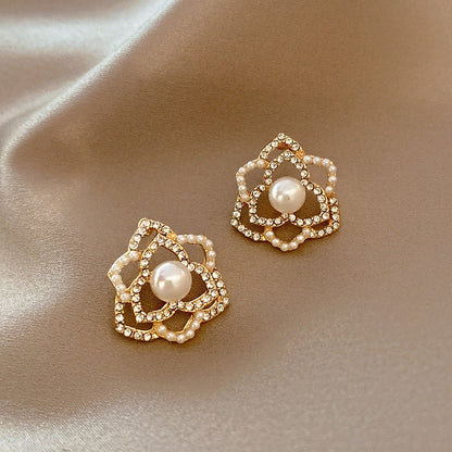 French pearl camellia stud earrings