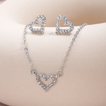 Full diamond heart necklace and earrings two-piece set