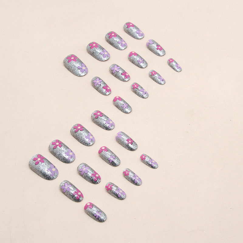 Silver Glitter Dual Flower Pink Purple Nails