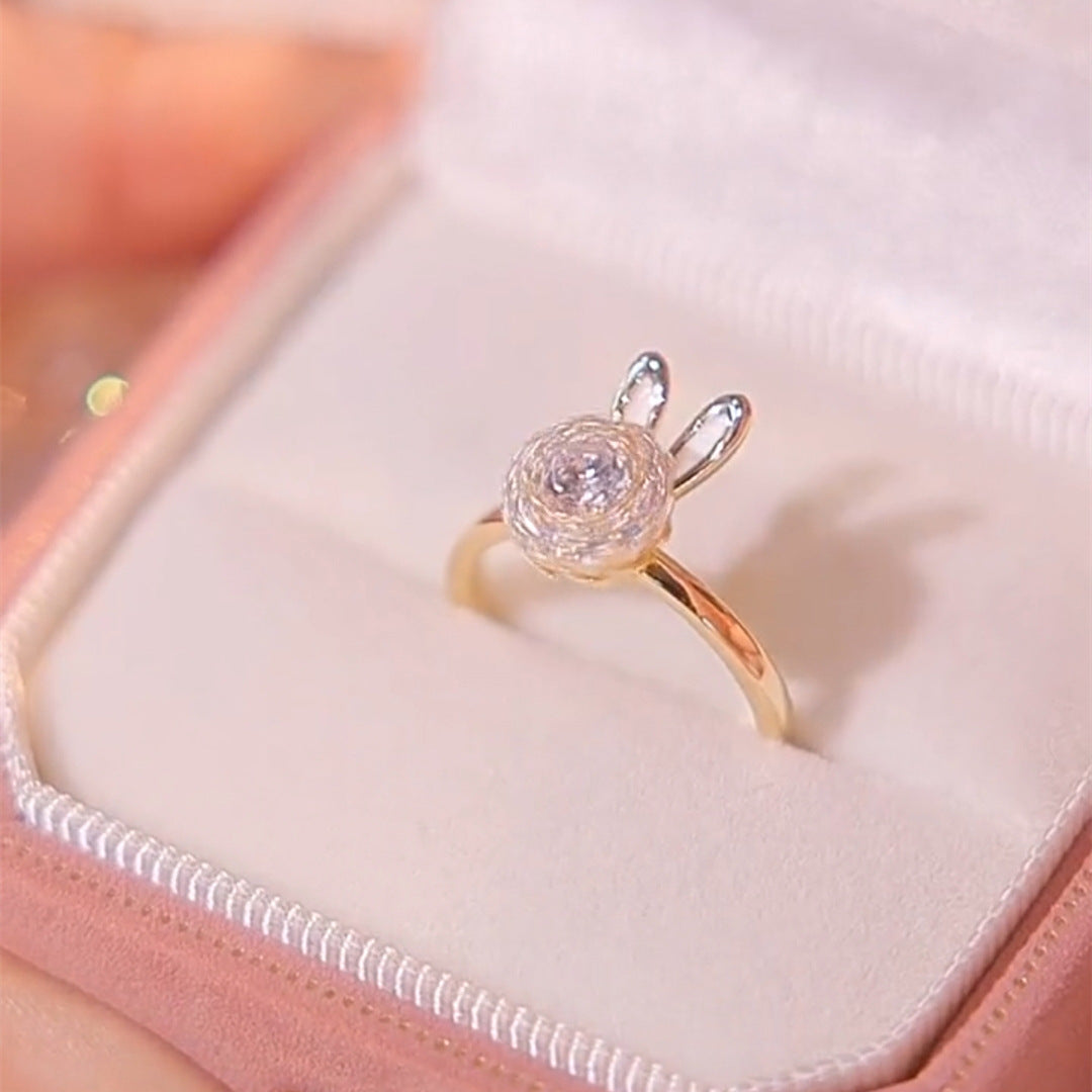 Cute Adjustable Rotating Rabbit Zircon Ring