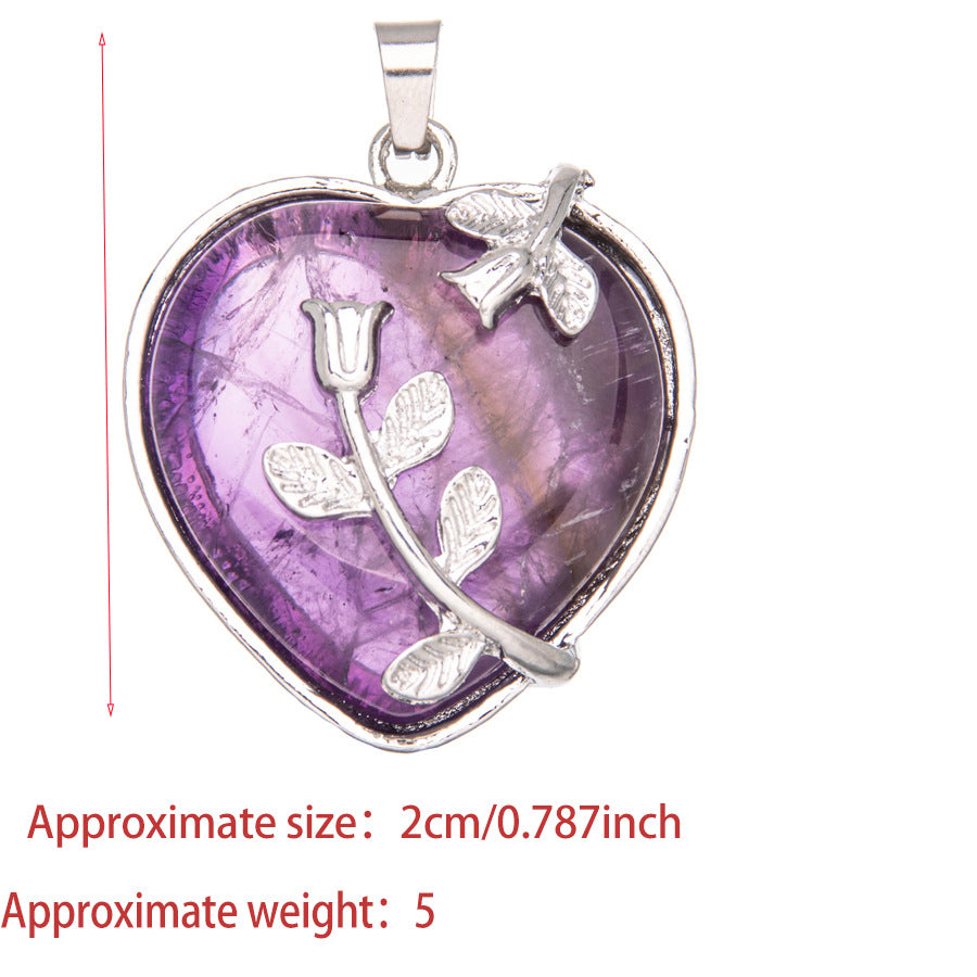 Colar de cristal ametista com pingente de rosa em formato de coração 
