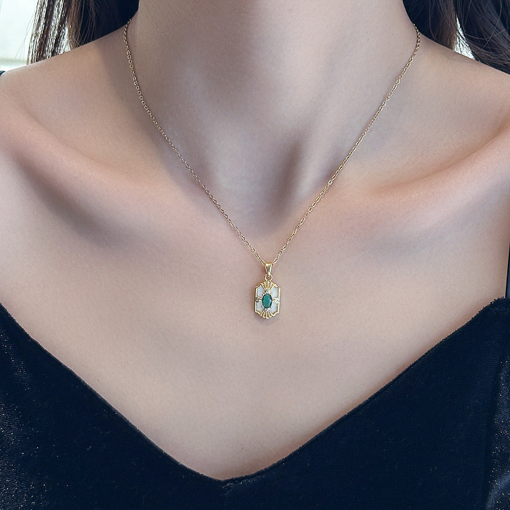 Women's Green Square White Shell Titanium-Steel Collarbone Necklace