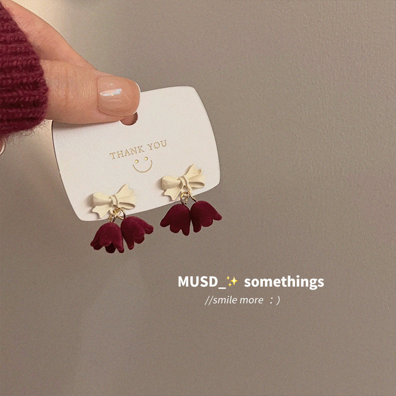 Burgundy Velvet Flower Bow Earrings