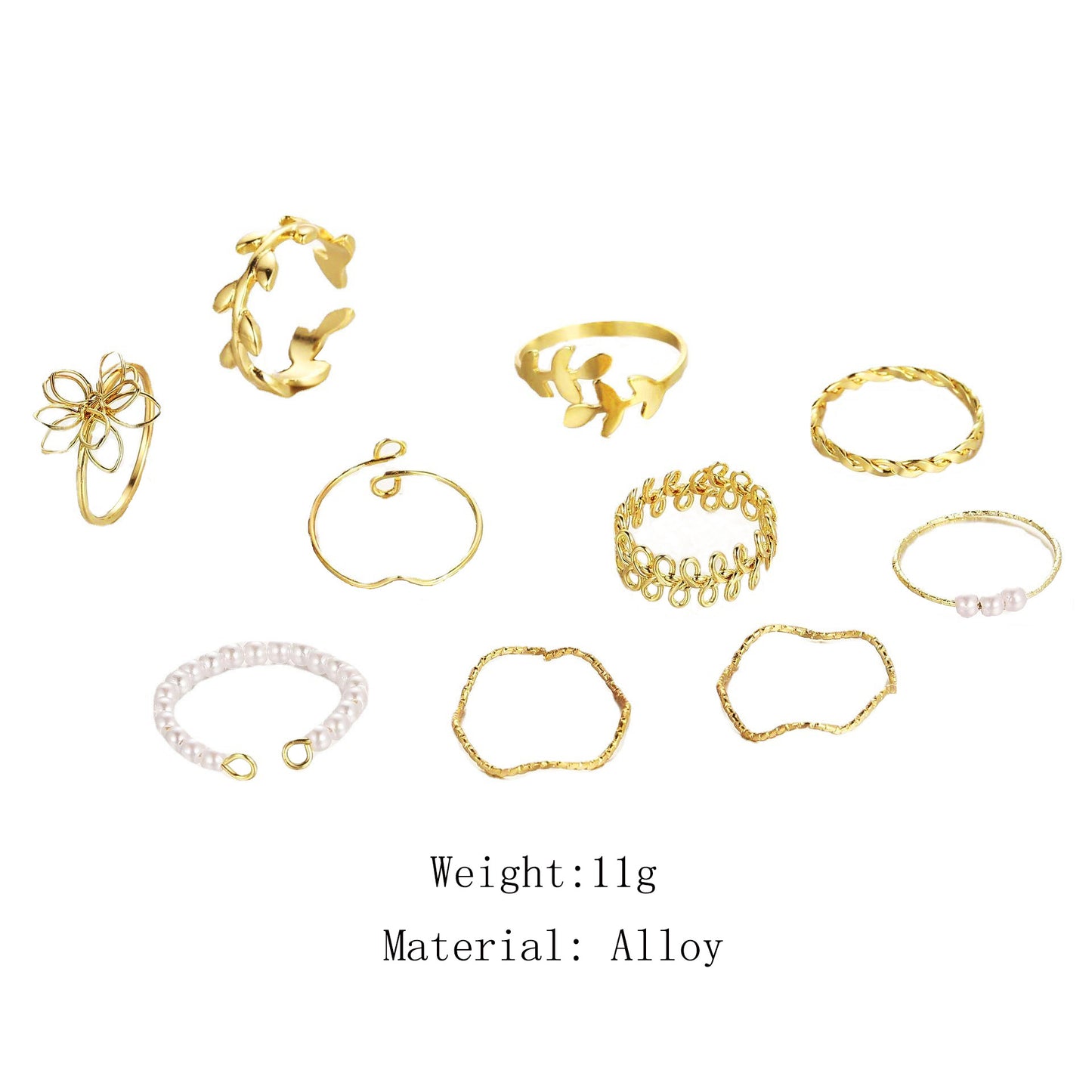 Leaf & Pearl Ring Set (10-Piece)