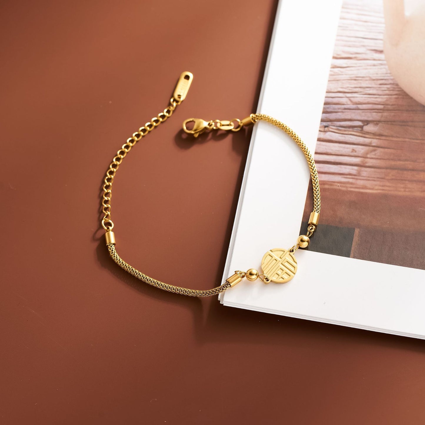 Women's Double-Sided "Fu" Titanium Bracelet — 18K Gold-Plated, Non-Fading