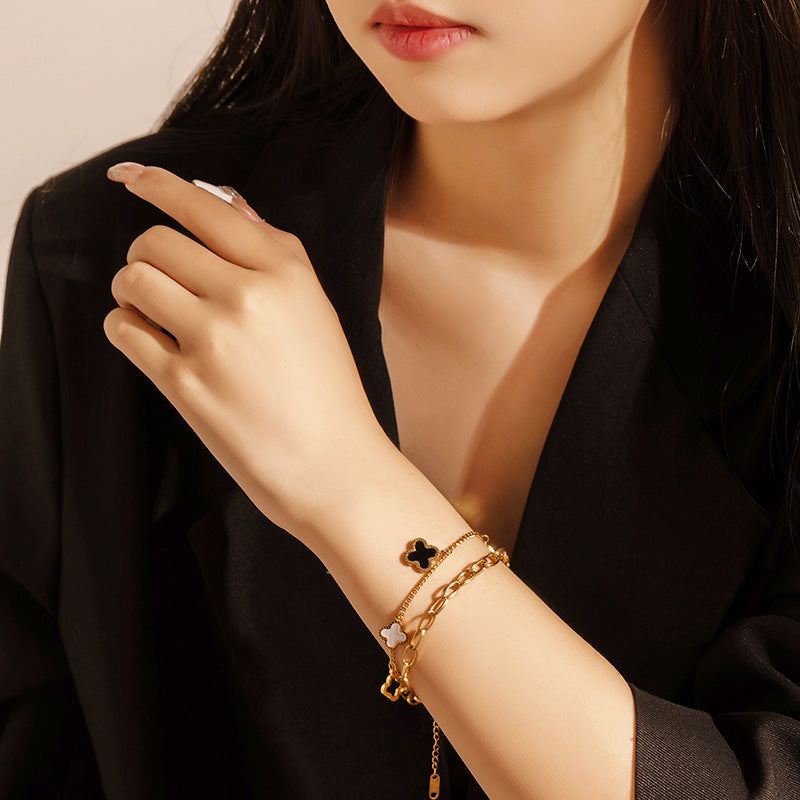 Women's 18K Rose Gold Titanium Steel Double-Chain Four-Leaf Clover Bracelet