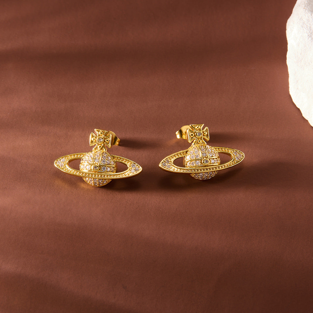 Saturn Planet Stud Earrings with Sparkling Stones