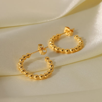 Gold round bead C-shaped earrings